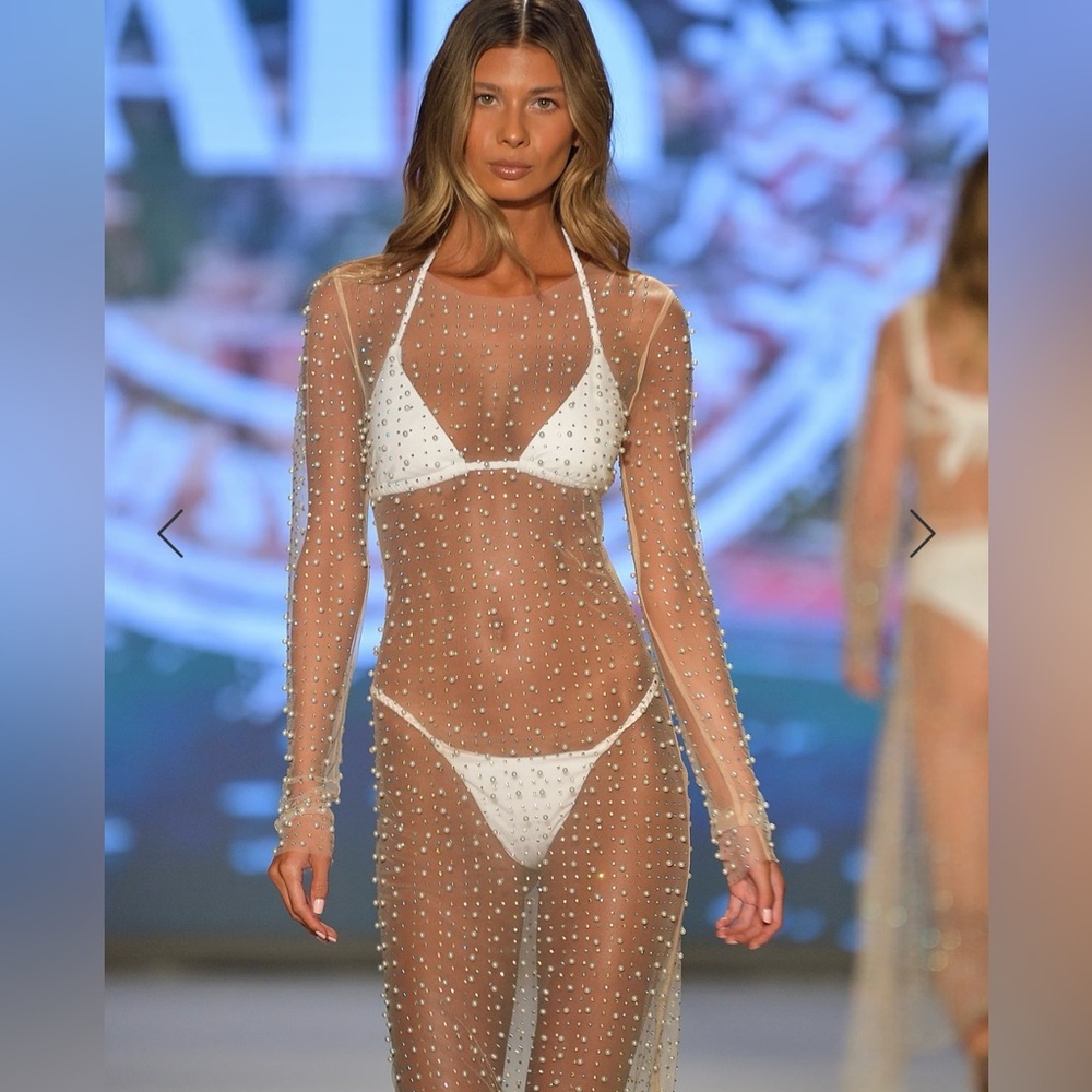Sexy Sheer Mesh Pearl Rhinestone Cover Up Dress M